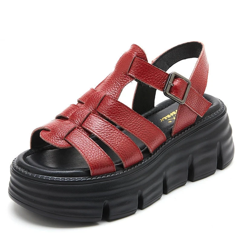 Women Sandals Summer Shoes Genuine Leather Roman Style Concise Open Toe Buckle Strap Wedges Platform Sandals Lady