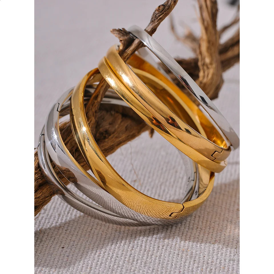 Yhpup 60mm Waterproof 316L Stainless Steel Round Smooth Bracelet Bangle Women Minimalist 18k Gold Color Texture Charm Jewelry 240914