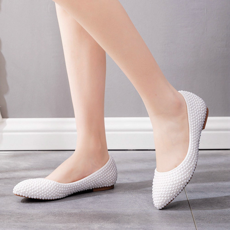 White Flat Bridesmaid Shoes Bride Wedding Pumps Women's Single Shoes Handmade Pearl Maternity Shoes