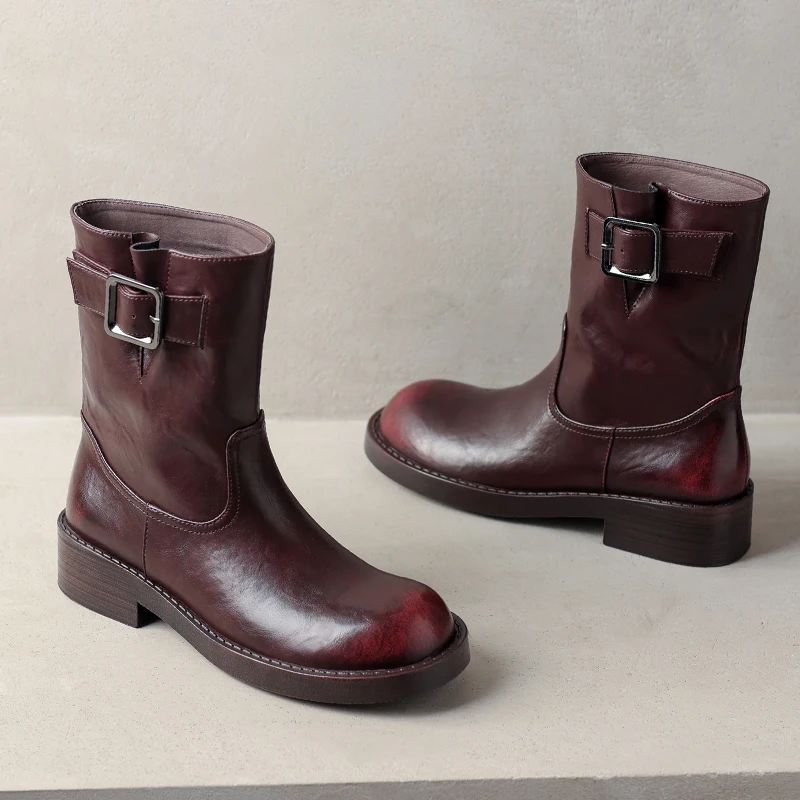 JOZHAMTA Size 34-41 Women Ankle Genuine Leather Wide Calf Thick Heels Platform Boots Casual Buckle Strap Daily Dress Shoes