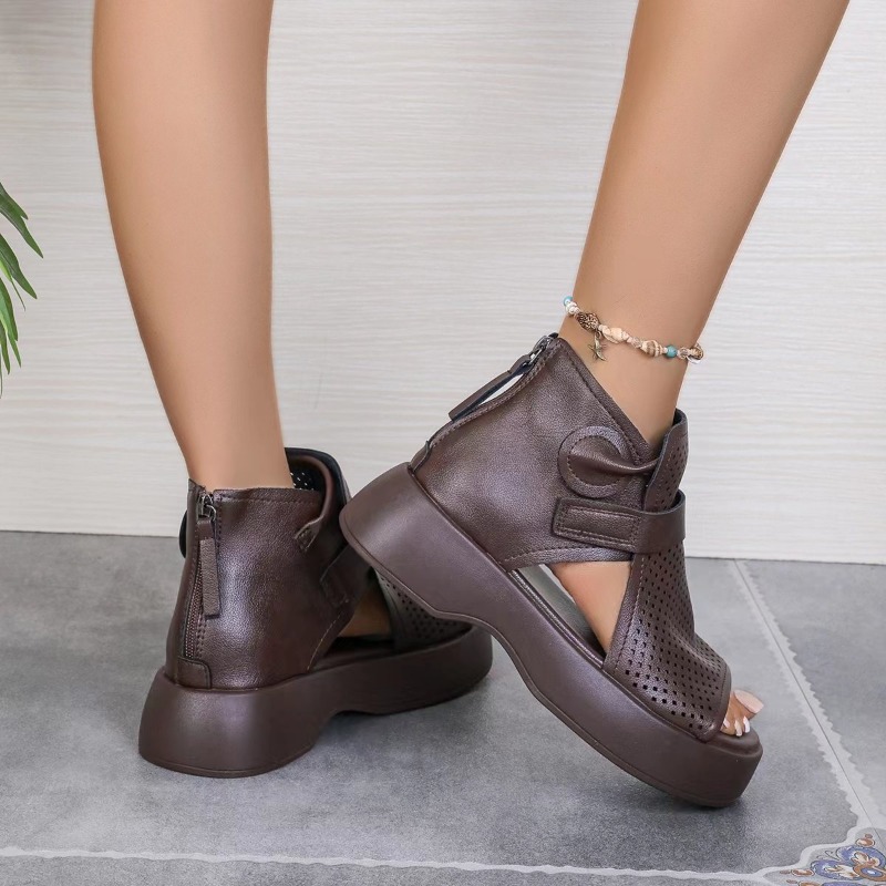 Summer New Hollow Breathable Hole Shoes Thick Sole Genuine Leather Fish Mouth Hook & Loop Retro Comfortable Women Sandals