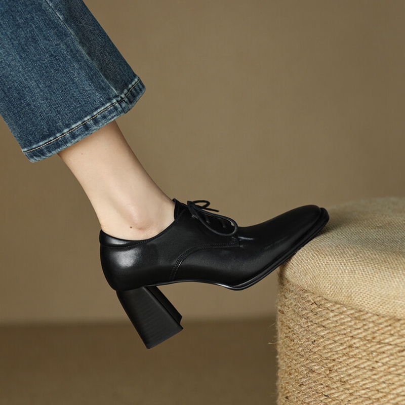 Spring/Autumn NEW Loafers Square Toe New High heels Split Leather Chunky Heel Pumps Women Plus Size Retro Lace Up Black Shoes 6906