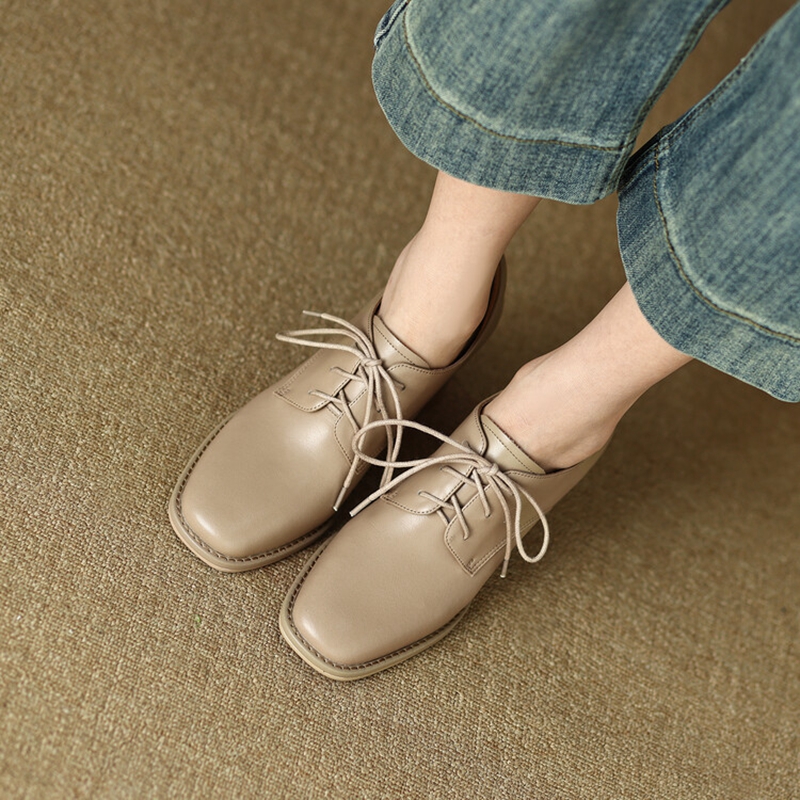 Spring/Autumn NEW Loafers Square Toe New High heels Split Leather Chunky Heel Pumps Women Plus Size Retro Lace Up Black Shoes 6906