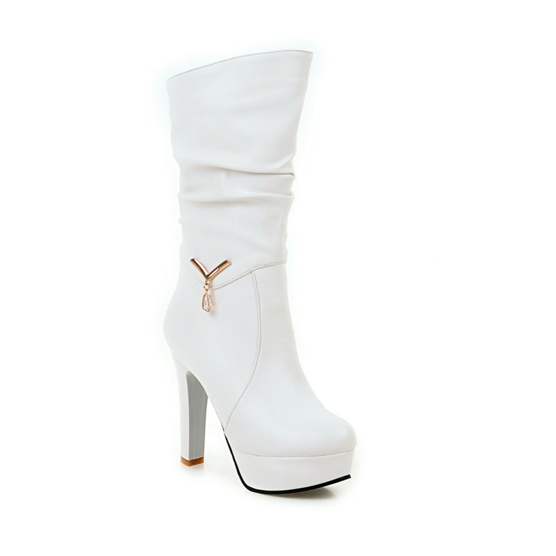 Winter Autumn Mid-calf Fashion White Pink Boots Ladies Elegant High Heels Platform Party Shoes For Women c3cd