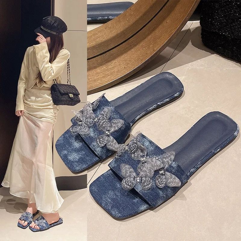 2025 new Women Flat Sandals Summer New Beach Style Blue Denim Shoes Casual Round Toes Flip ps Woman Comfortable Slippers 6fce
