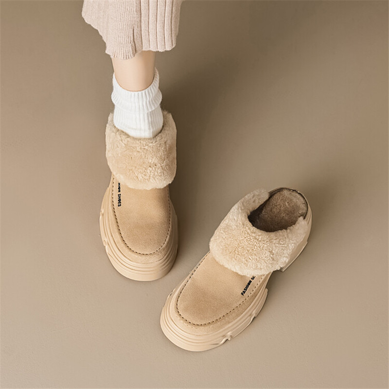 Winter Cow Suede Wool Mules Platform Shoes for Women Round High Heels Chunky Heel Cover Toe Slippers