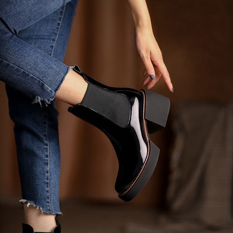 HOT SALE Women Boots Patent Leather Shoes for Women Round Toe Chunky Boots Platform Shoes Winter Modern Boots Women Punk Shoes