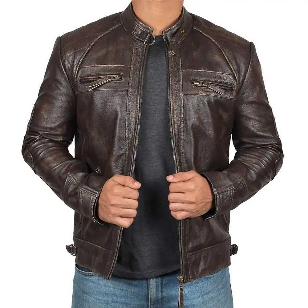2023 Mens Motorcycle Leather Jacket Autumn/Winter Large Standing Collar Coat JacketX240913