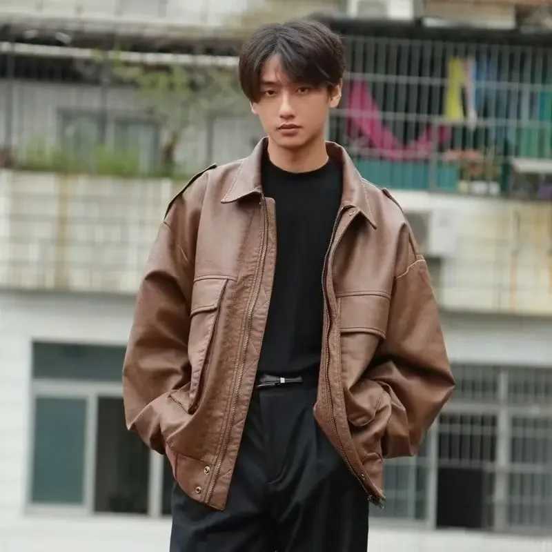 American style brown leather jacket tailored loose fit motorcycle mens flying pilot jacket bicycle clothing W240914