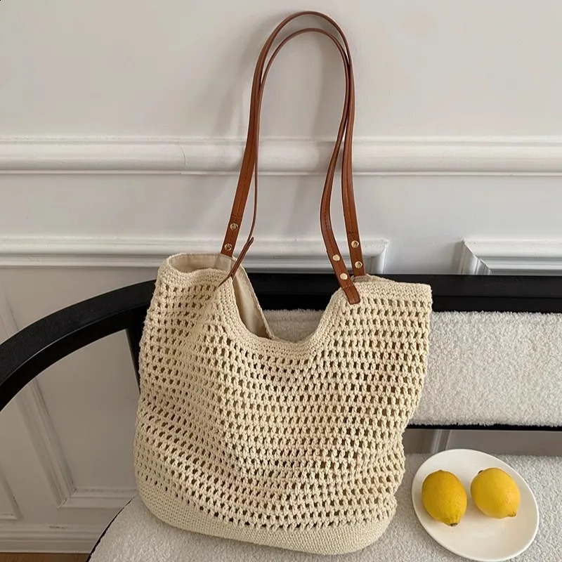 Leisure hollow large capacity handbag milk cotton woven womens shoulder bag handmade summer beach big Bali shopping 240913