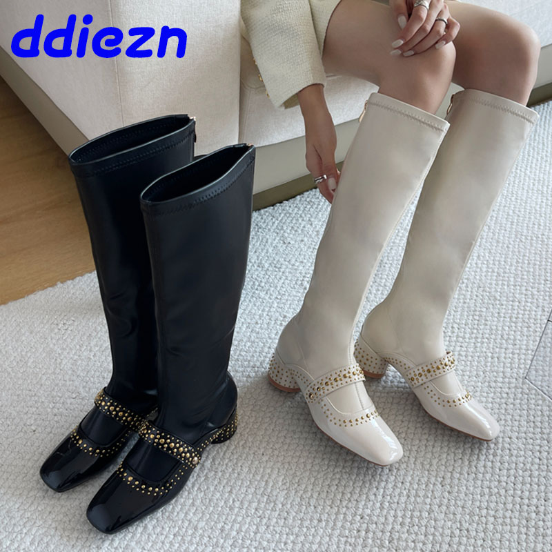 New Footwear Fashion Elastic Designer Rivet Women Knee High Boots With Round Heel Ladies Long Stretch Booties Female Shoes