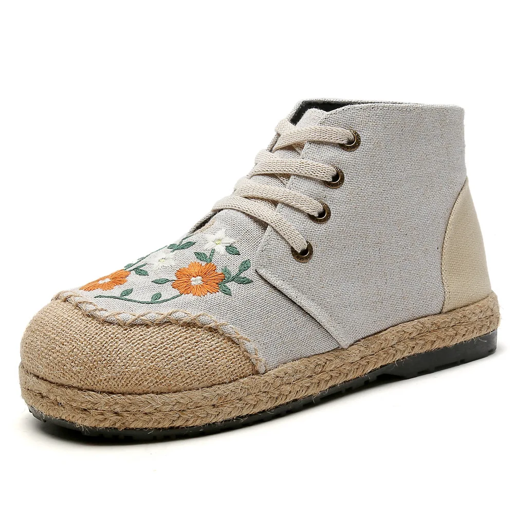 Handmade Women Vintage Embroidered Flats Booties Shoes High Top Lace Up Canvas Sneakers en Casual Leisure Espadrilles 0521