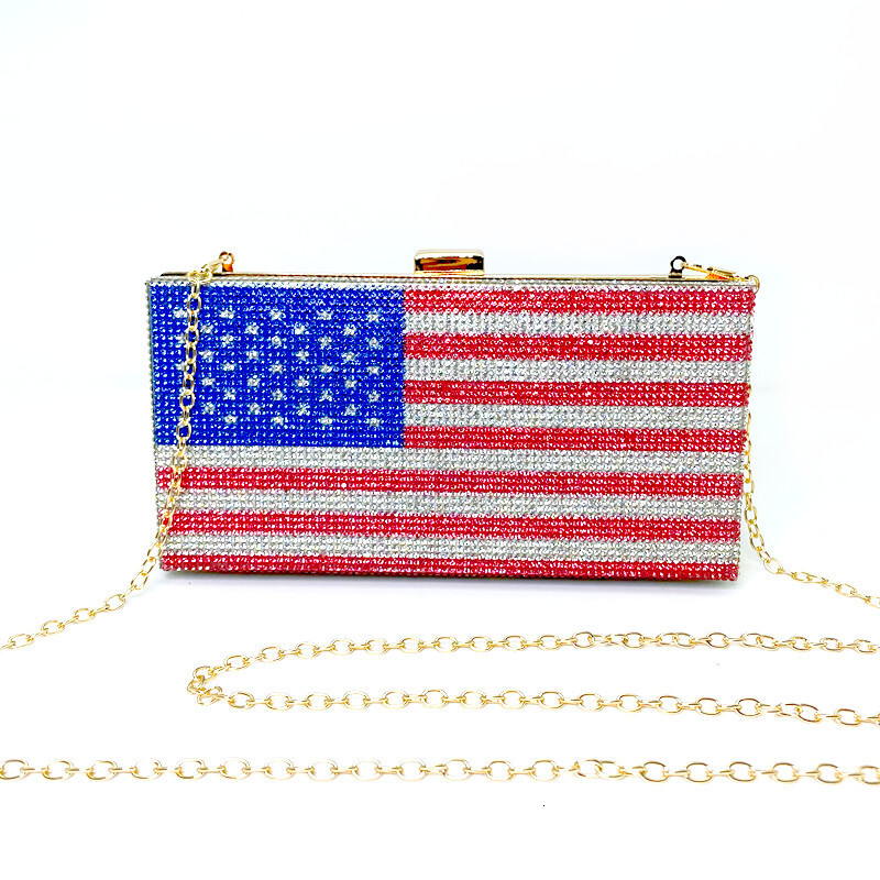 New Hot Dress Dinner Handheld Water Diamond American Flag Party Evening Clutch Bag