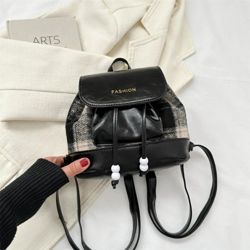 Creative PU Leather Travel Bag Wool Patchwork Drawstring Beading Bucket School Bag Checkered Bag 240912