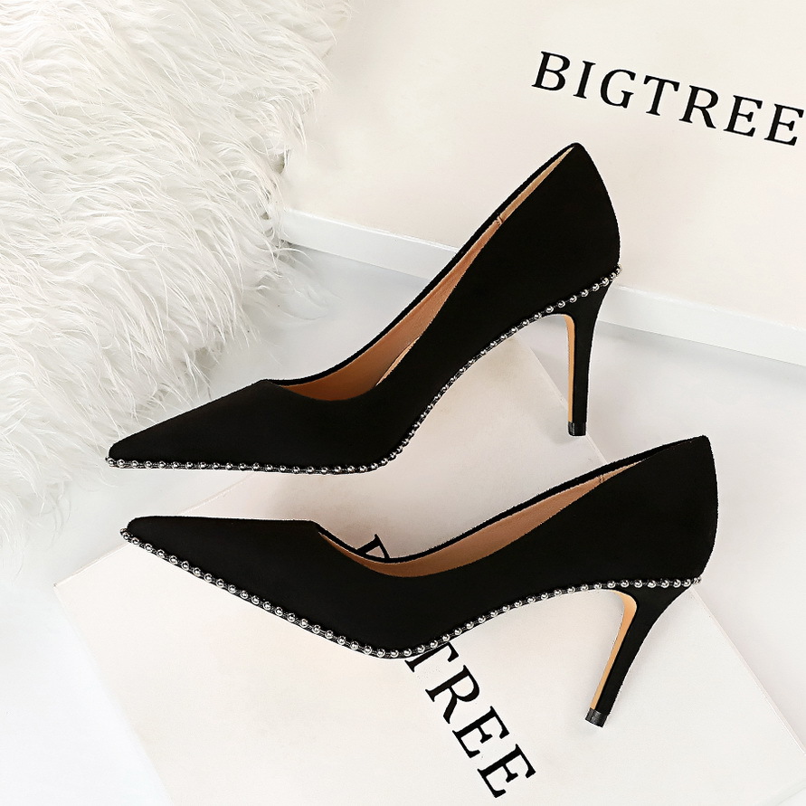 Spring BIGTREE New Designer High Pumps Rivet Pointed Toe ck 8CM Thin Heels retro Office Career Women Shoes black cc94 bla