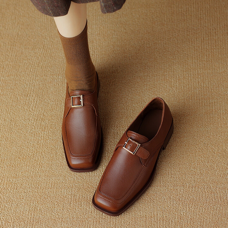Spring NEW Loafers Genuine New Leather for Square Toe Chunky Heel Women Pumps Slip-on Buckle Oxfords Shoes 0fd3 Oxds