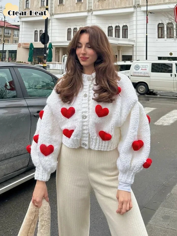 Chic 3d Heart Womens Knitted Cardigan Elegant Round Neck Singlebreasted Lantern Sleeve Loose Sweater Lady Autumn Knitwear 240904
