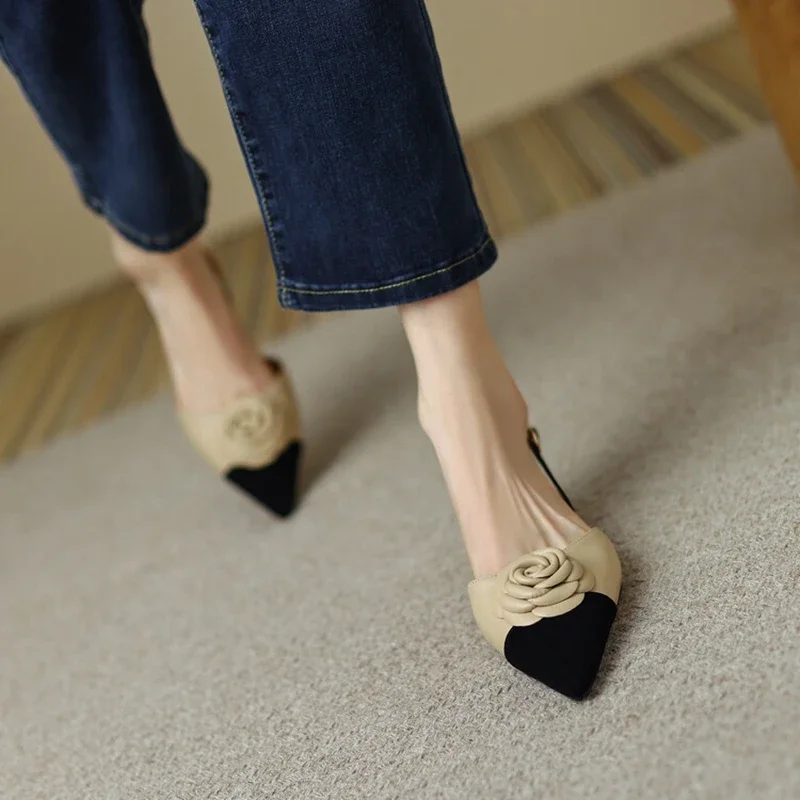 2024 NEW Summer Camellia sinensis Women Shoes Pointed Toe Women Sandals Chunky Heel Shoes for Women Low Heels Plus Size