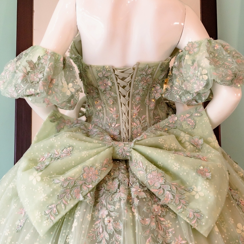 Sage Green Shiny Quinceanera Dress Ball Gown Lace Applique Bow Tull Corset Party Birthday Sweet 16 Dress Vestidos De 15 Anos