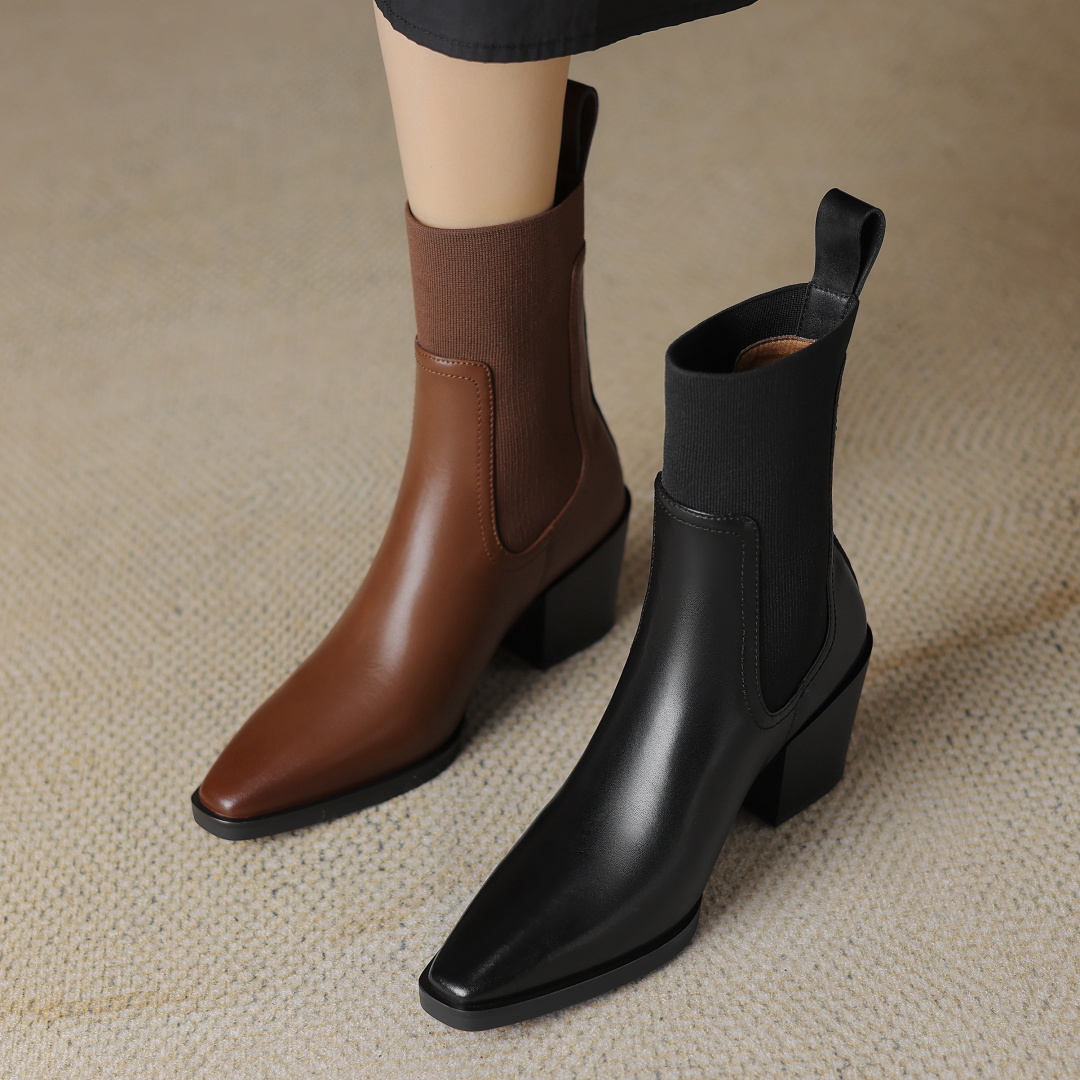 size Large 34-42 women's genuine leather elastic patchwork slip-on autumn ankle boots 7cm thick med heels elegant ladies shoes 995d