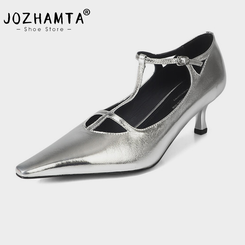 Size JOZHAMTA 34-40 Real Leather Women Pumps T-Strap Sexy Pointy High Heels Shoes New 2025 Fashion Flats Office Lady Elegant Dr c32e