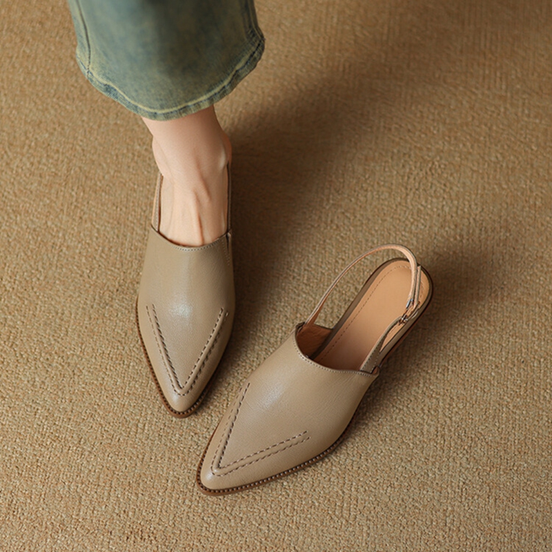 NEW Summer Women Sandals Genuine Leather Shoes for Women Pointed Toe Chunky Heel Shoes Simple Cover Toe Slingback Buckle Sandals