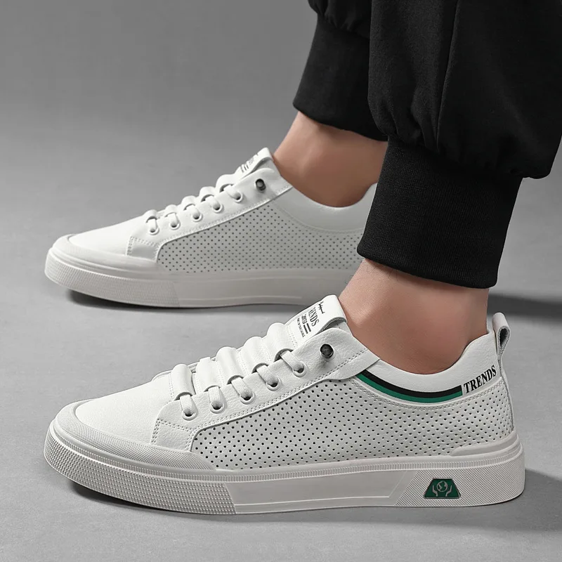 2024 New Shoes for Men Genuine Leather Casual Shoes Summer Breathable Microporous Flat Skateboard Shoes Cow Leather Sneaker