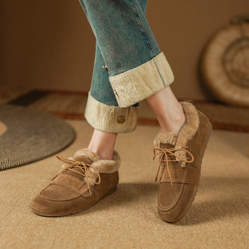 Loafers Winter Cow Suede Leather for Round Toe Low Heel Solid Women Pumps Warm Wool Shoes atos mujer 0c0e e619