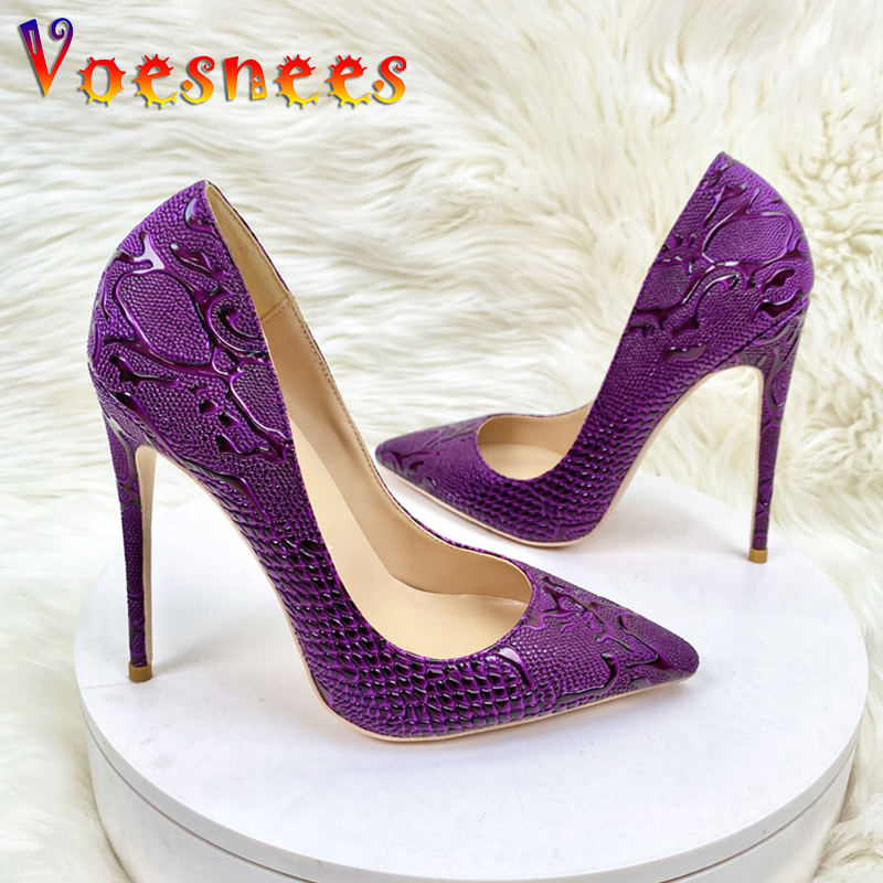 Purple Snake Patterned Luxury High Heels 12CM Pointed Thin Heel Single Shoes Comfortable Soft Leather Shallow Mouth Women Pumps