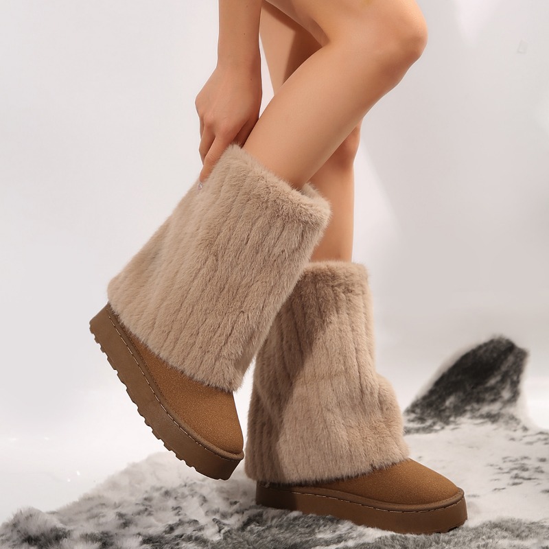 New Shoes for Women New Slip on Women's Boots Winter Round Toe Solid Flock Plush Warm Mid Heel Water Proof Casual Snow Boots