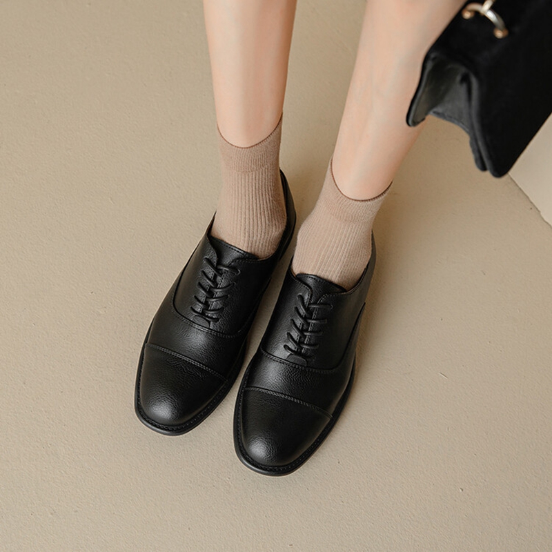 Spring 2023 PumpS Genuine Leather Round Toe Square for Casual Lace-up Low Heel Women Oxford Shoes 810f Oxd