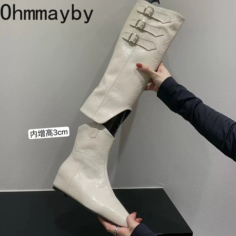 Elevation Internal Women Knee-High Boots Fashion Elegant Belt Buckle Shoes Autumn Winter Pointed Toe Women's Knight Long Booties a062 's