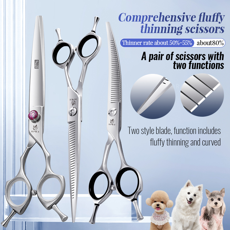 Fenice Dog Beauty Scissors Professional 7/7.5 inch Pet Dog Grooming Scissors Reversed Tooth Fluffy Thinning Shears Rate 50-80%
