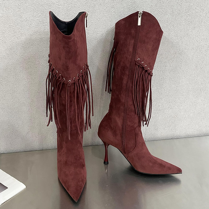 Fashion Designer Tassels Footwear Women Knee High Boots With Thin Heels Shoes Female Pointed Toe Ladies Long Booties
