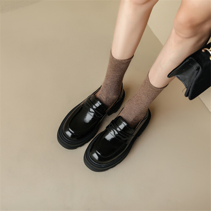 Autumn Spring New Pumps Split Leather Casual Loafers Woman Chunky Heel for Women Slip-On Round Toe Platform New Shoes d7ee Platm