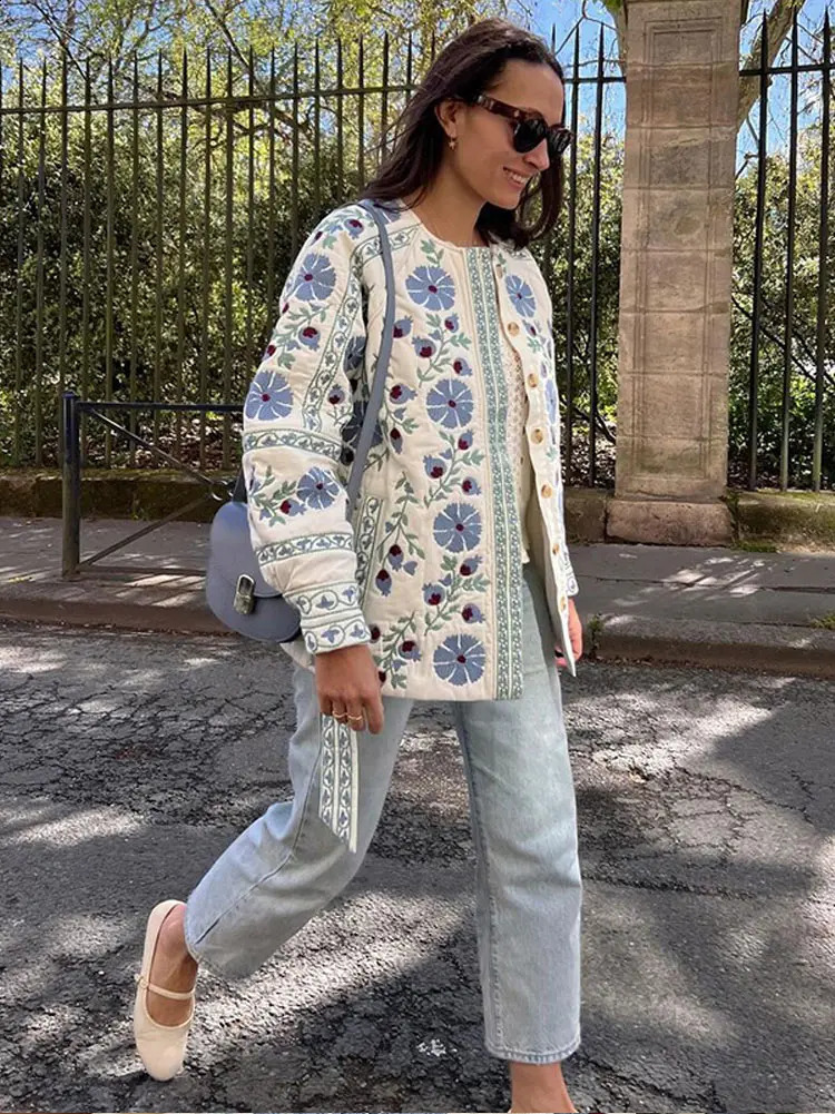 Elegant Print Quilted Belt Women Jacket Slim O-neck Single Breasted Long Lantern Sleeve Coat 2024 Winter Lady Casual Streetwear 240912