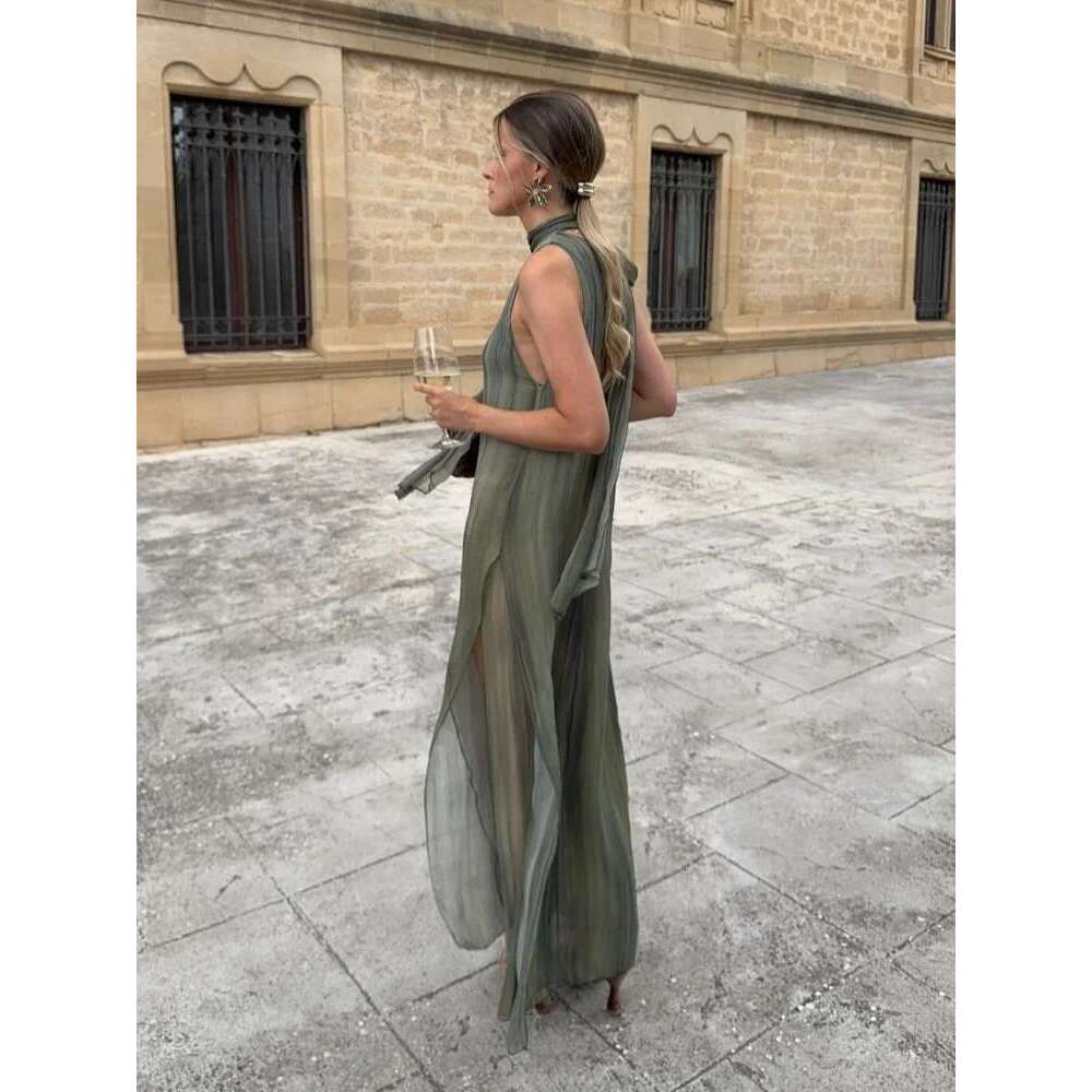Elegant Sleeveless Lace Up Halter Maxi Dress Women Casual Round Neck Hollow Out Side Slit Dresses Summer Lady High Streetwear