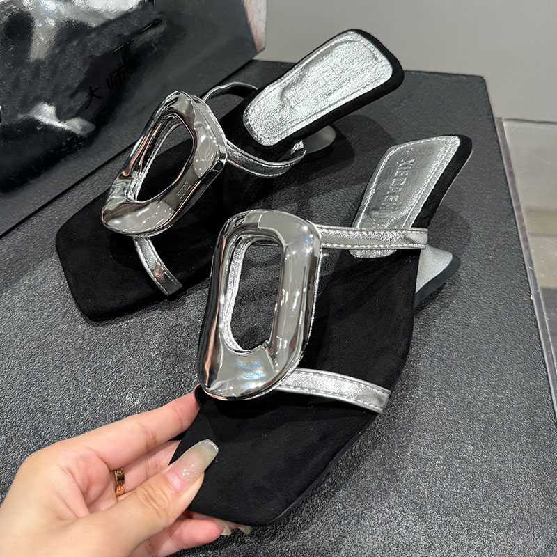 2025 new Slip Female On Footwear For Ladies New Summer Spring Shallow Fashion Metal Women Wedges Slides Pumps Shoes a25c