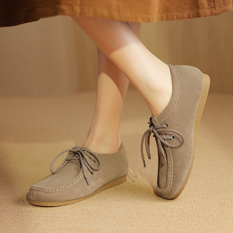 Spring NEW Round Toe Low Heel Solid Ladies Loafers Cow Suede Leather Shoes for Retro Lace New up Women Pumps 94a3