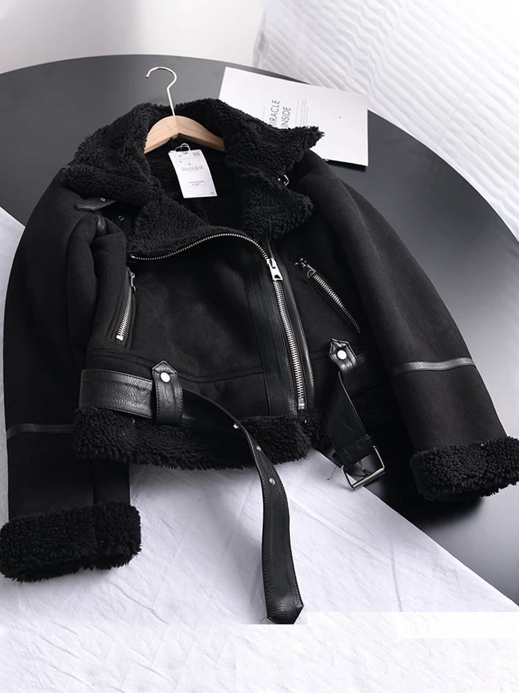 Winter Vintage Suede Lamb Short Women Thick Warm Moto Bike Black Coat Female Sashes Faux Leather Jacket Outwear With Belt