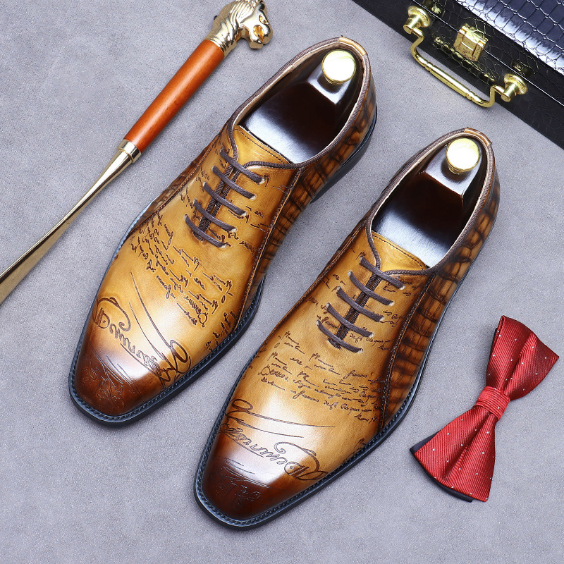Italian Design Hand Painted Letter Men Wedding Dating Shoes Genuine Leather High Quality Formal Business Dress Shoes