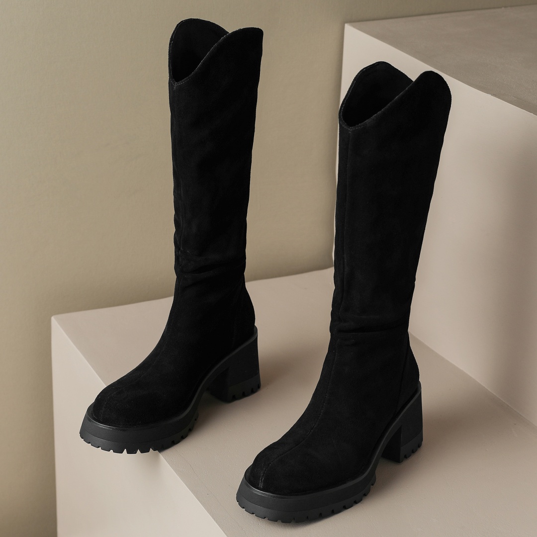 natural Women's suede Easter chunky heel platform pleated slip-on autumn knee knight high quality long boots shoes 80d0