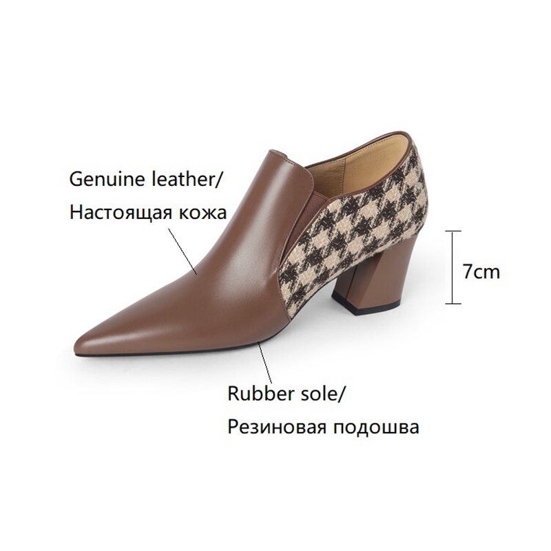 Spring NEW Women's Pumps Genuine Leather High Heels Pointed Toe Chunky Heel for Women Lattice Cotton Fabric New Handmade Shoes d493