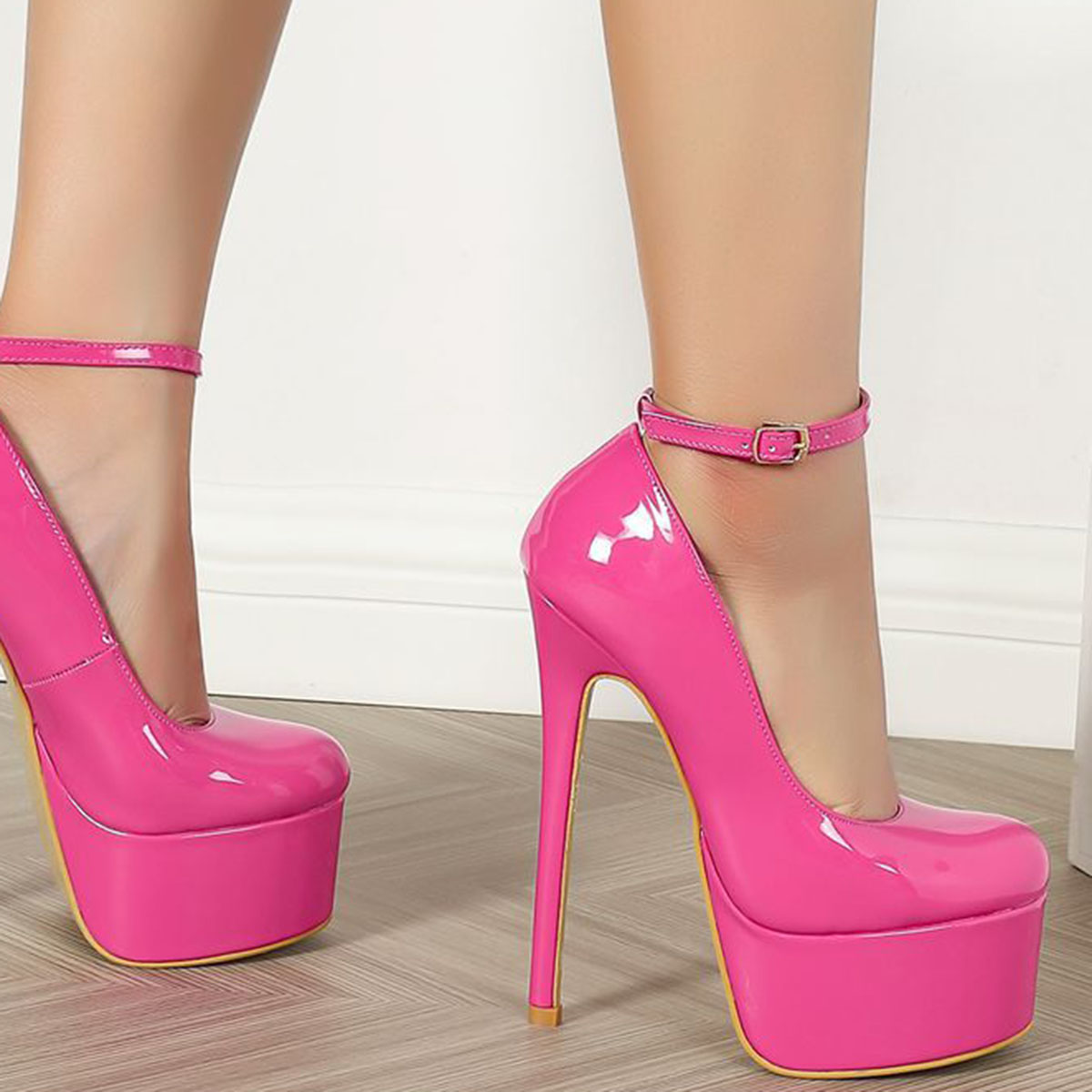 2025 new Buckle Fashion Runway Strap Platform Pumps Pink Patent Leather Bowknot 16cm High Heel Stiletto Wedding Banquet Heels Women 8eaf s f6dd