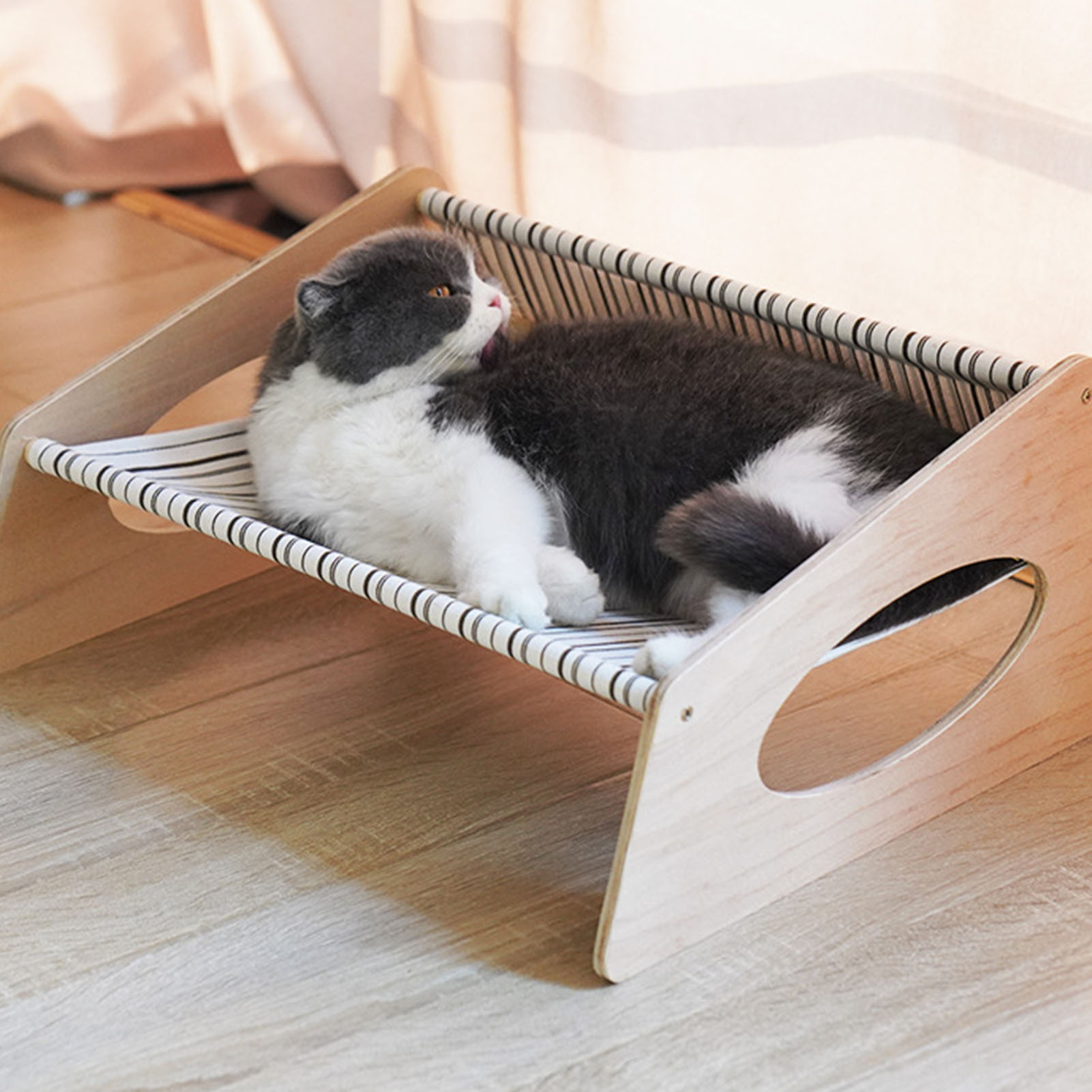 Cat Bed Hammock Medium Breathable Sturdy Linen Comfortable Elevated Cat Bed For Indoor Yellow Geometric