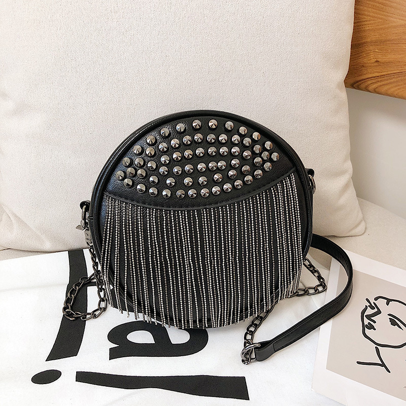 Women's bag black small bag New fashion women's bag rivets pu small round bag trend single shoulder hand fringe small bag