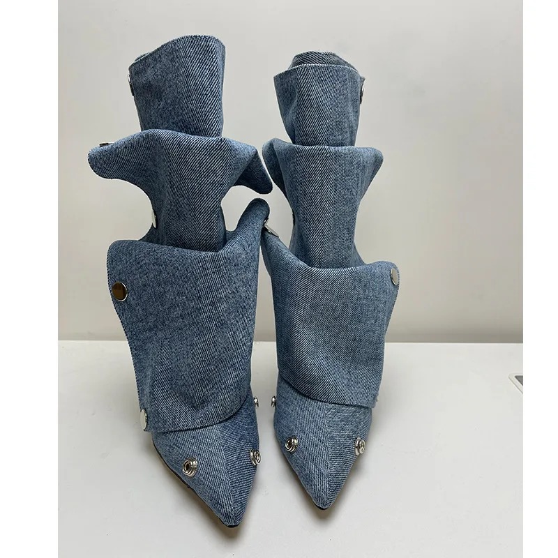 Wrinkled Metal Button Spliced Denim 2024 Women Detachable Mid-calf 34-43 Auto Show Model Fashion Boots