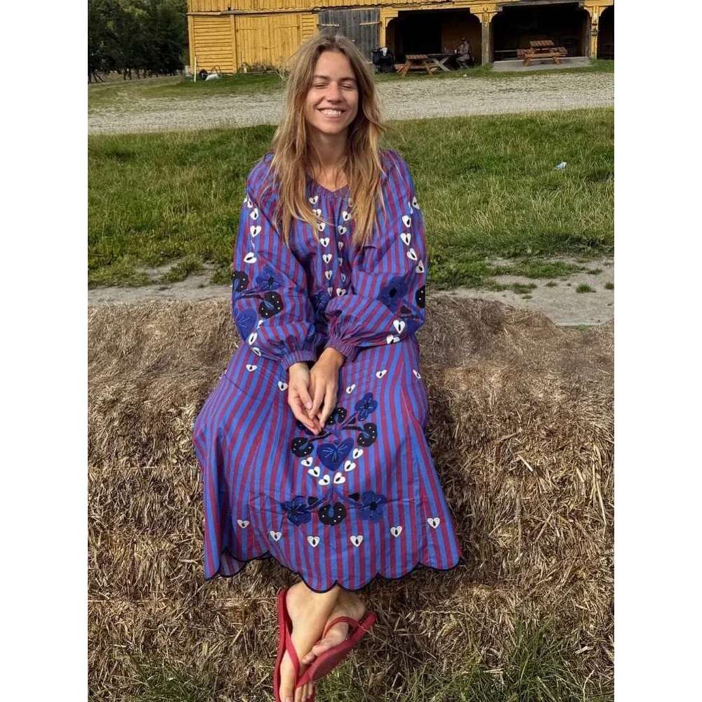 Vintage Printed Striped Color Blocked Long Dresses Women Casual V-Neck Puff Sleeve Loose Dress 2024 Autumn Lady High Streetwear