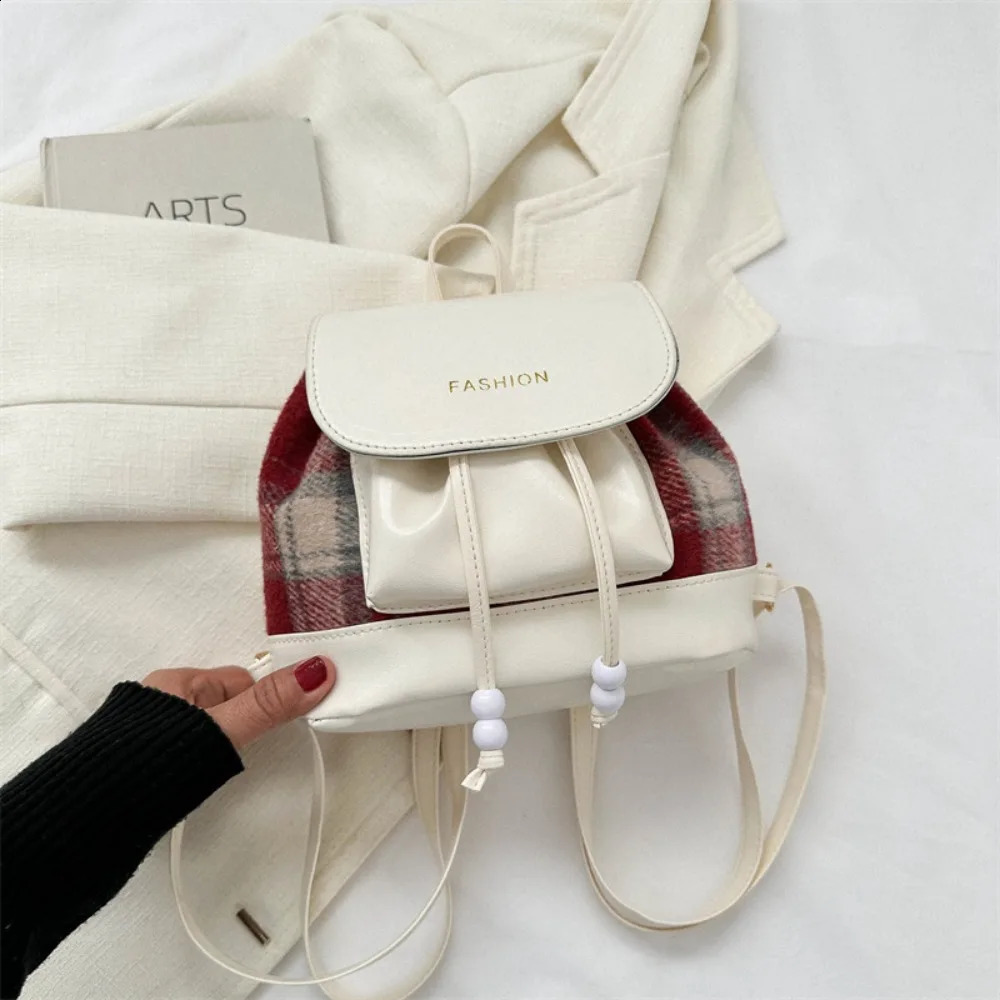 Creative PU Leather Travel Bag Wool Patchwork Drawstring Beading Bucket School Bag Checkered Bag 240912