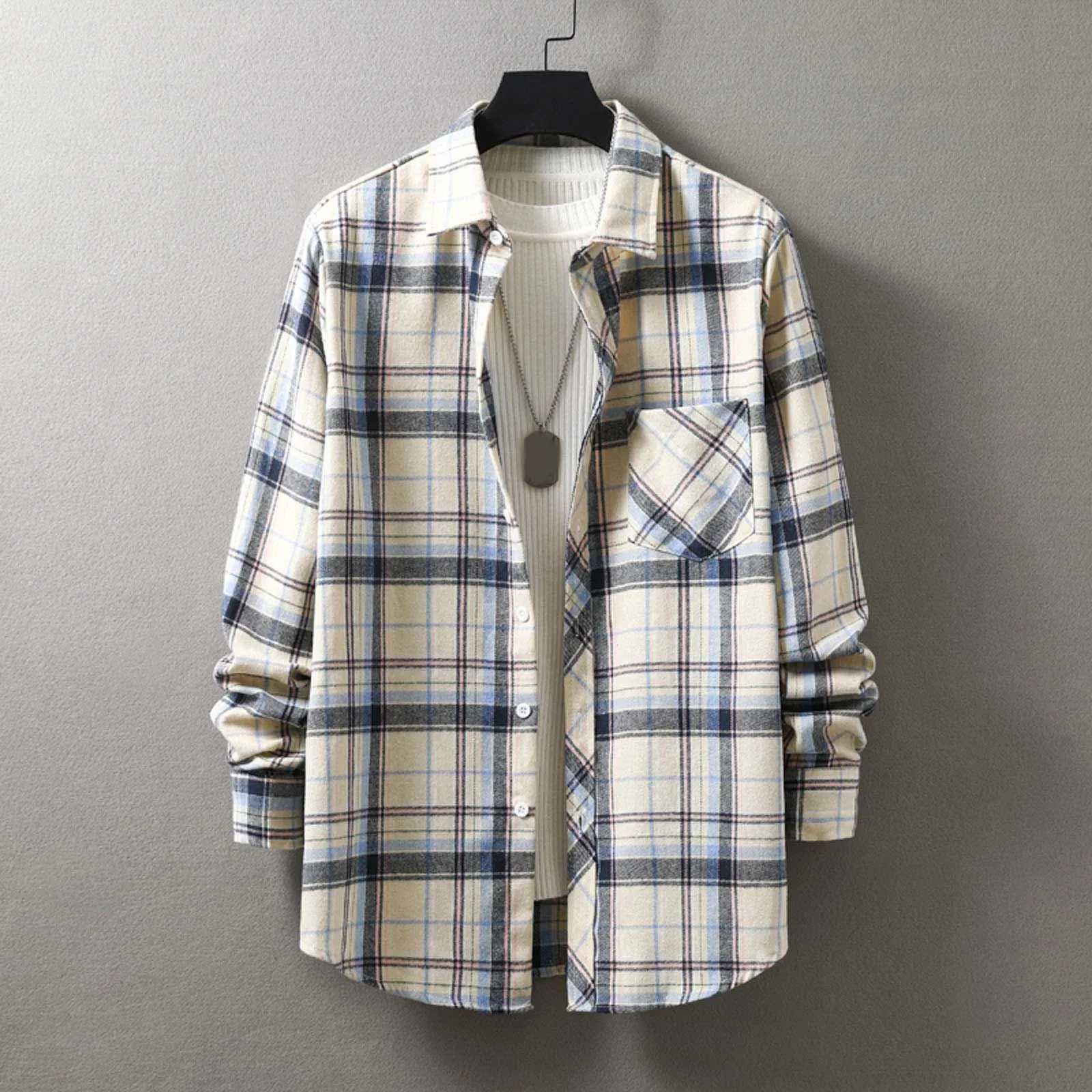 Men Fashion Plaid Flannel Shirt Long Sleeve Male Pocket Buffalo Plaid Shirts Printed Button Harajuku Checked Men Shirt XXL Z240914